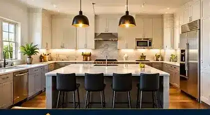 Renovated kitchen with island and pendant lights